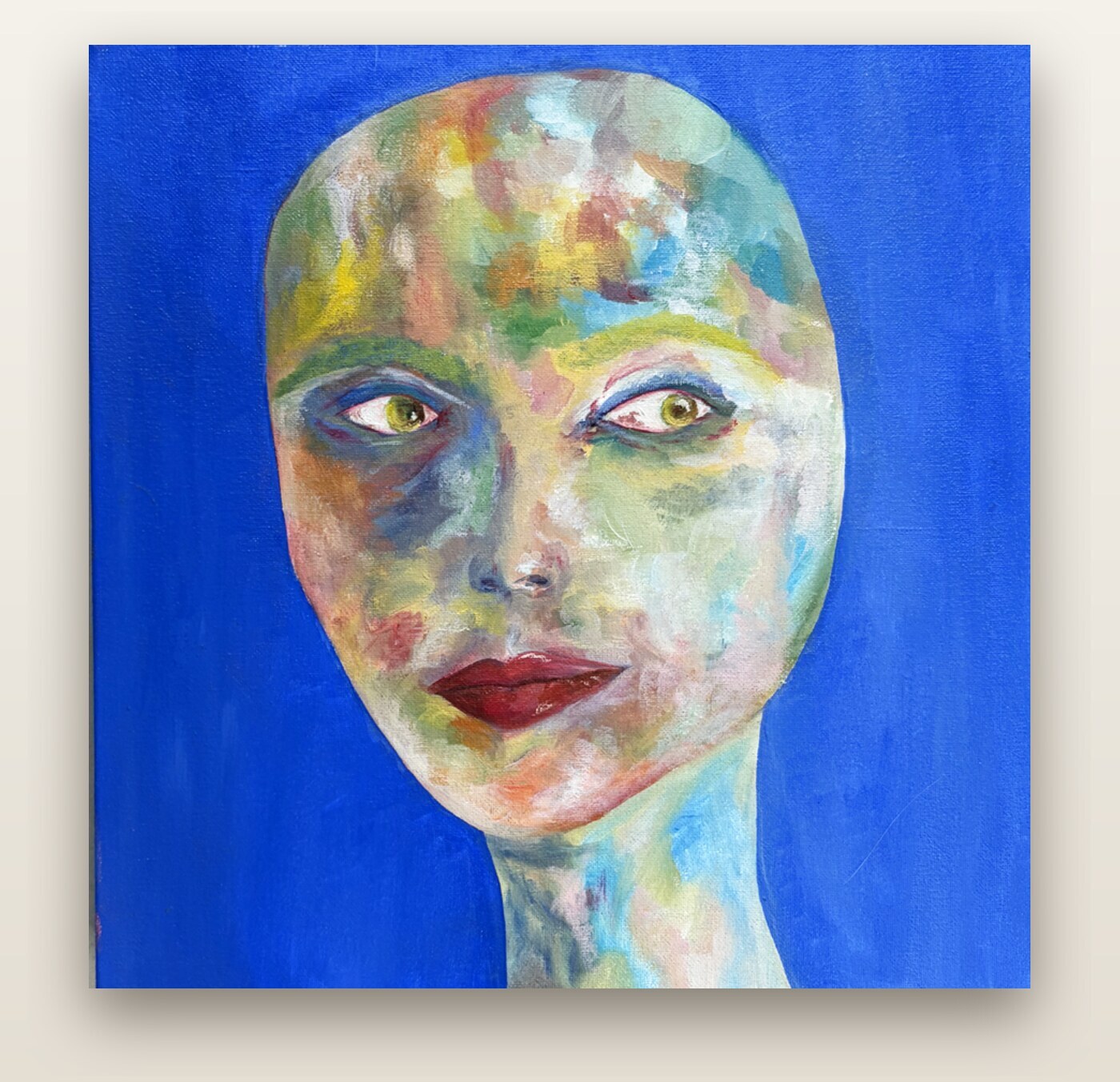 Cocobite — óleo sobre lienzo de Nuza, retrato sobre fondo azul